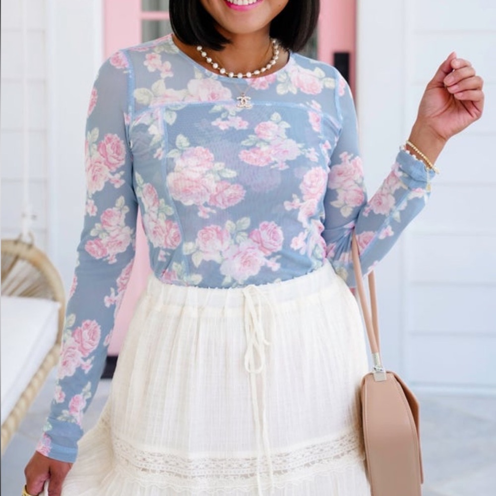 NWT Listicle Floral Long Sleeve Blouse - Blue and Pink
